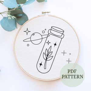 Leaf In A Bottle Embroidery Pattern, Clouds Embroidery, Moon And Stars Embroidery Pattern, Sky Embroidery, Easy Embroidery, space embroidery