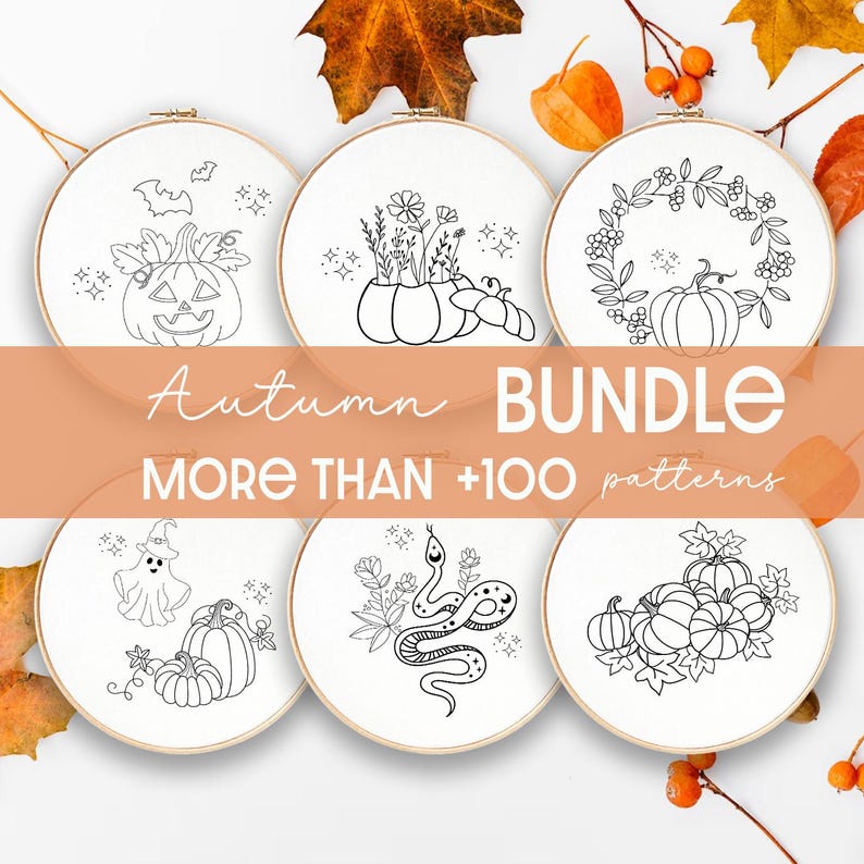 Halloween Hoop Art Wall Decoration Fall Seasonal Decor Autumn Bundle Home Decoration Spooky Cute Design Ghost Pumpkin Witch Motif Embroidery Pattern Gift Idea Handmade Keepsake Seasonal Wall Art