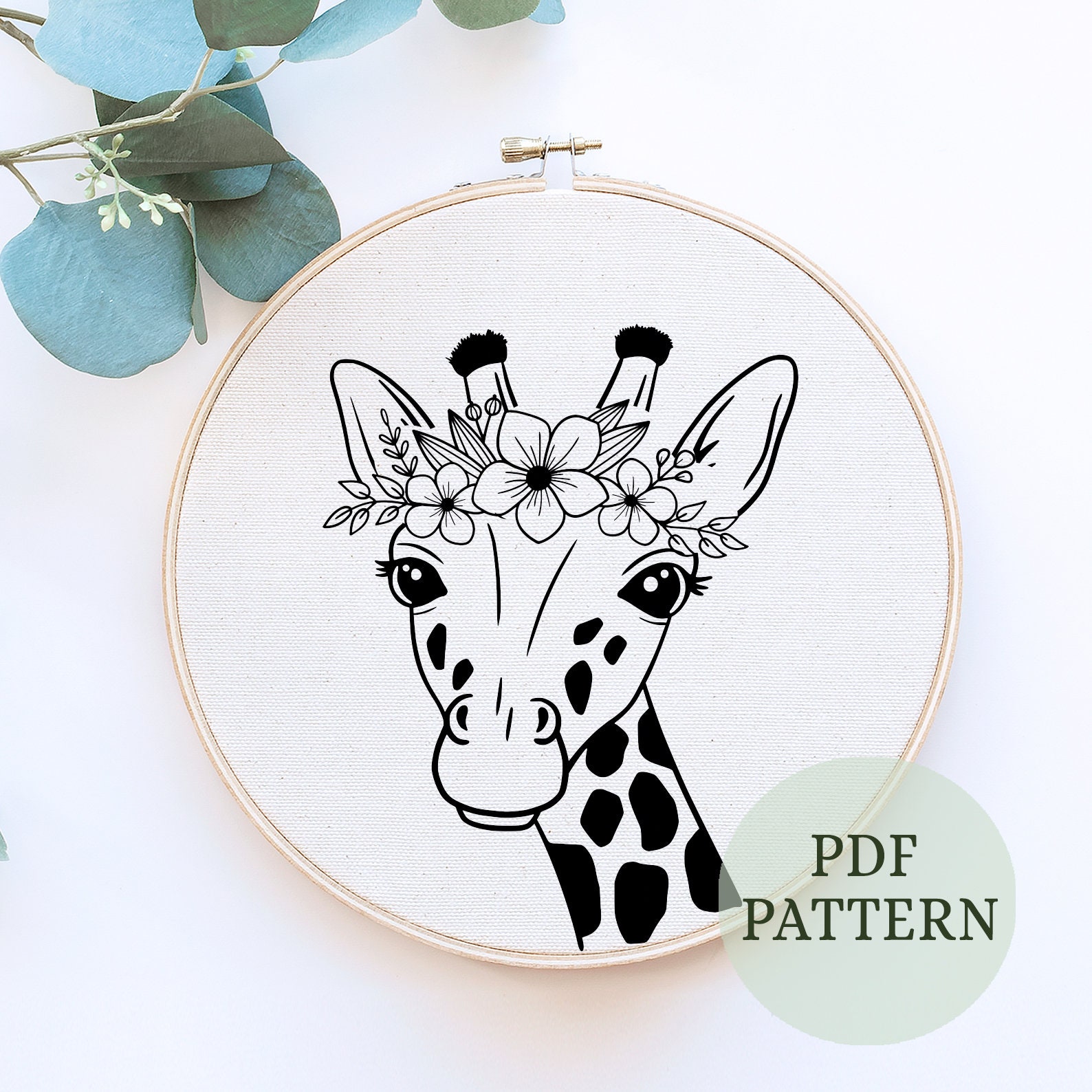 キリンの刺繍パターン、花輪、初心者向けハンドステッチ（PDFパターン