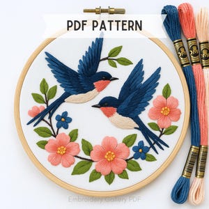 Swallows Embroidery Pattern, Cute birds Hoop Embroidery Design, Swallow hand embroidery template, Flying swallows embroidery, floral Pattern