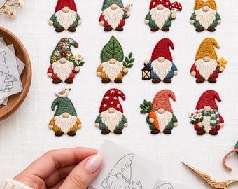 15 Mini Gnome Embroidery Patterns PDF, Beginner Hand Embroidery Designs, slow sewing, Gnome Stick And Stitch Patterns, Digital Download