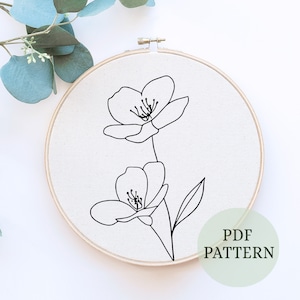 Minimalistische hoepelkunst, borduurwerk bloemmotief, borduurring bloemen muur kunst pdf, DIY rond botanisch ontwerp, borduursjabloon, hoepelkunst