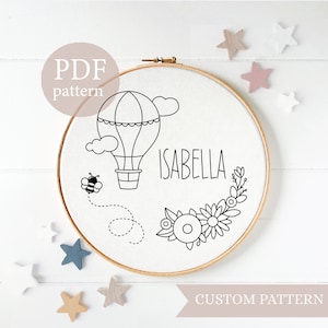 Personalized embroidery Template, beginner embroidery, hand embroidery,DIY name embroidery, Floral Name Hoop art, idea gift, hot air balloon