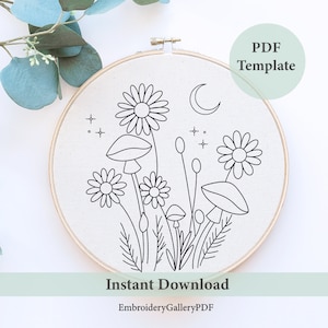 Flowers and Mushrooms Embroidery Pattern, Fun Embroidery Design, Nature Embroidery, Botanical Embroidery Pattern, Pretty Floral Embroidery