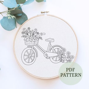 Fahrrad mit Blumen Stickmuster, Sommer Fahrrad Stickerei, Handstich Blumenmuster, einfaches Muster, Sofort Download, Frühlingsdekor