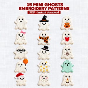 Patrón de bordado de fantasmas en PDF, 15 mini diseños de bordado a mano de Halloween, lindos fantasmas, brujas, sombreros y calabazas, apto para principiantes, descarga instantánea.