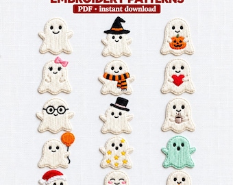 Ghost Embroidery Pattern PDF, 15 Mini Halloween Hand Stitch Designs, Cute Ghosts Witch Hat Pumpkin, Beginner Friendly, Instant Download
