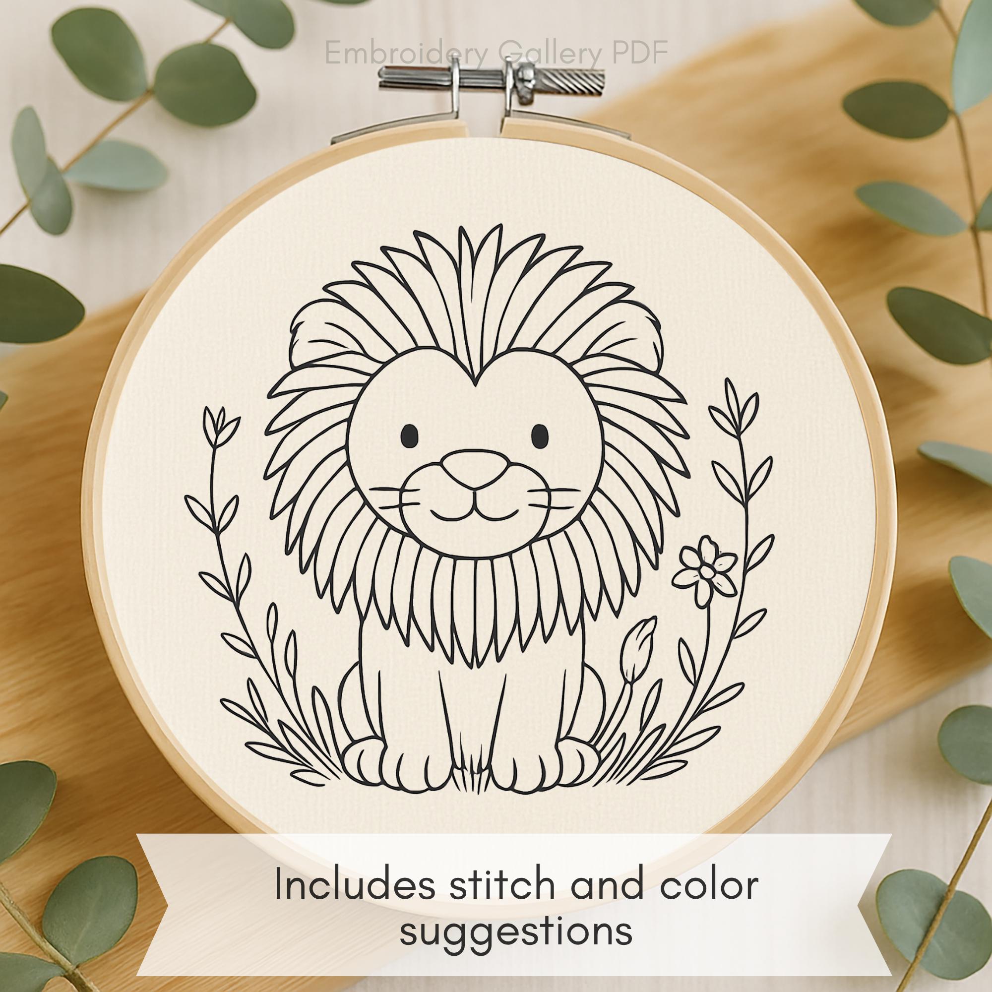 ライオンの手刺繍パターン：初心者向けフープアート、子供部屋の装飾