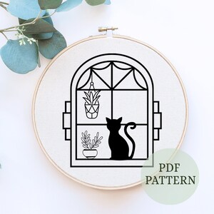 Black Cat Embroidery Pattern: DIY Window Hoop Art (PDF Pattern)