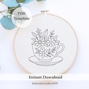 花柄ティーカップ刺繍パターン、コテージキッチン、すぐにダウンロード可能、初心者向け、心地よいティータイムの装飾、手作りギフト、お茶好きへのギフト