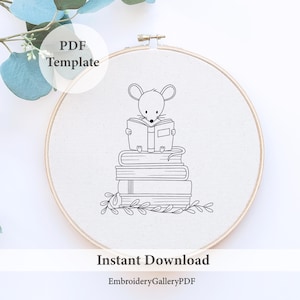 May include: A black and white line drawing of a mouse reading a book atop a stack of books, framed in a wooden embroidery hoop. The text "PDF Template" and "Instant Download" are also visible.