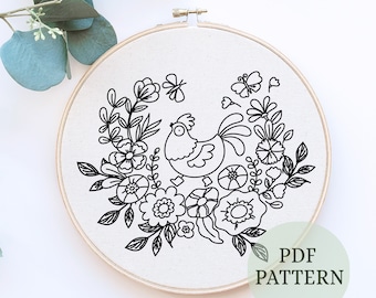 PDF Pattern, Floral embroidery pattern, garden hand embroidery pattern, digital PDF beginner hand embroidery pattern, Pattern Floral Hoop