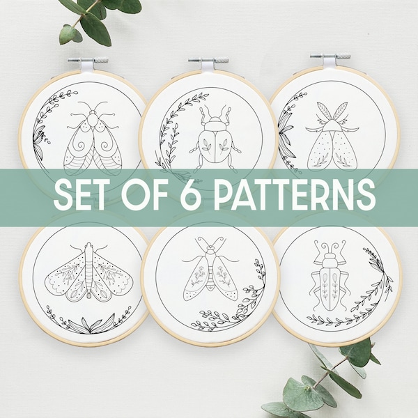 Set of 6 pdf pattern, embroidery template,insect pattern, stitching, embroidery hoop, hand embroidery, hand stitched art, insects collection