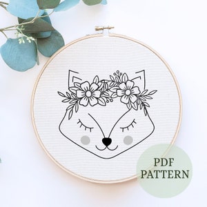 Hand Embroidery PDF Pattern, Floral Crown Raccoon Design, Digital Download, Simple Easy Whimsical Animal Embroidery for Nursery decor