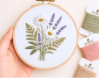 Daisy Lavender Embroidery PDF Pattern Digital Download Printable Flower Bouquet Botanical Needlework Beginner Friendly Spring Design