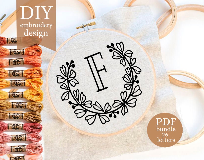 Floral Initial Hand Embroidery Pattern 26 monograms Digital | Etsy