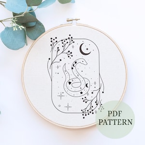 Snake Embroidery Pattern, Snake Downloadable Pattern, Spooky Embroidery Art, Snake Lover Embroidery Witchy Art, Celestial snake embroidery