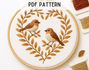 Two Birds on branches Hand Embroidery Pattern: leaves heart, Instant Download, Beginners friendly