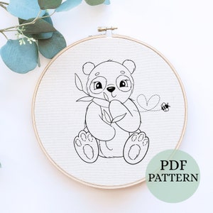 Panda Hand Embroidery Pattern, Digital Download Embroidery, Animals Embroidery Pattern, Gift, Beginner Friendly Needlepoint, floral panda