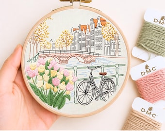 Amsterdam Embroidery Pattern PDF Digital Download Hand Embroidery Hoop Art Beginner Friendly Dutch Canal Tulips Art Netherlands Needlework
