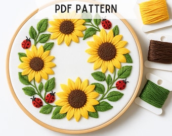Sunflowers and Ladybugs Wreath Hand Embroidery Pattern: Flowers and insect, Instant Download, Beginners friendly
