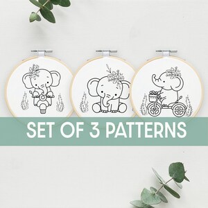 Set of 3 elephant embroidery pattern, beginner embroidery pattern, elephant embroidery, DIY embroidery, Embroidery designs, floral animal