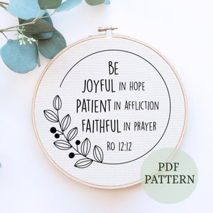 Romans 12:12 bible hand embroidery, Be Joyful in Hope scripture design, Modern Embroidery, bible verse wall decor, Christian home wall deco
