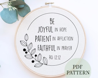 Romans 12:12 bible hand embroidery, Be Joyful in Hope scripture design, Modern Embroidery, bible verse wall decor, Christian home wall deco