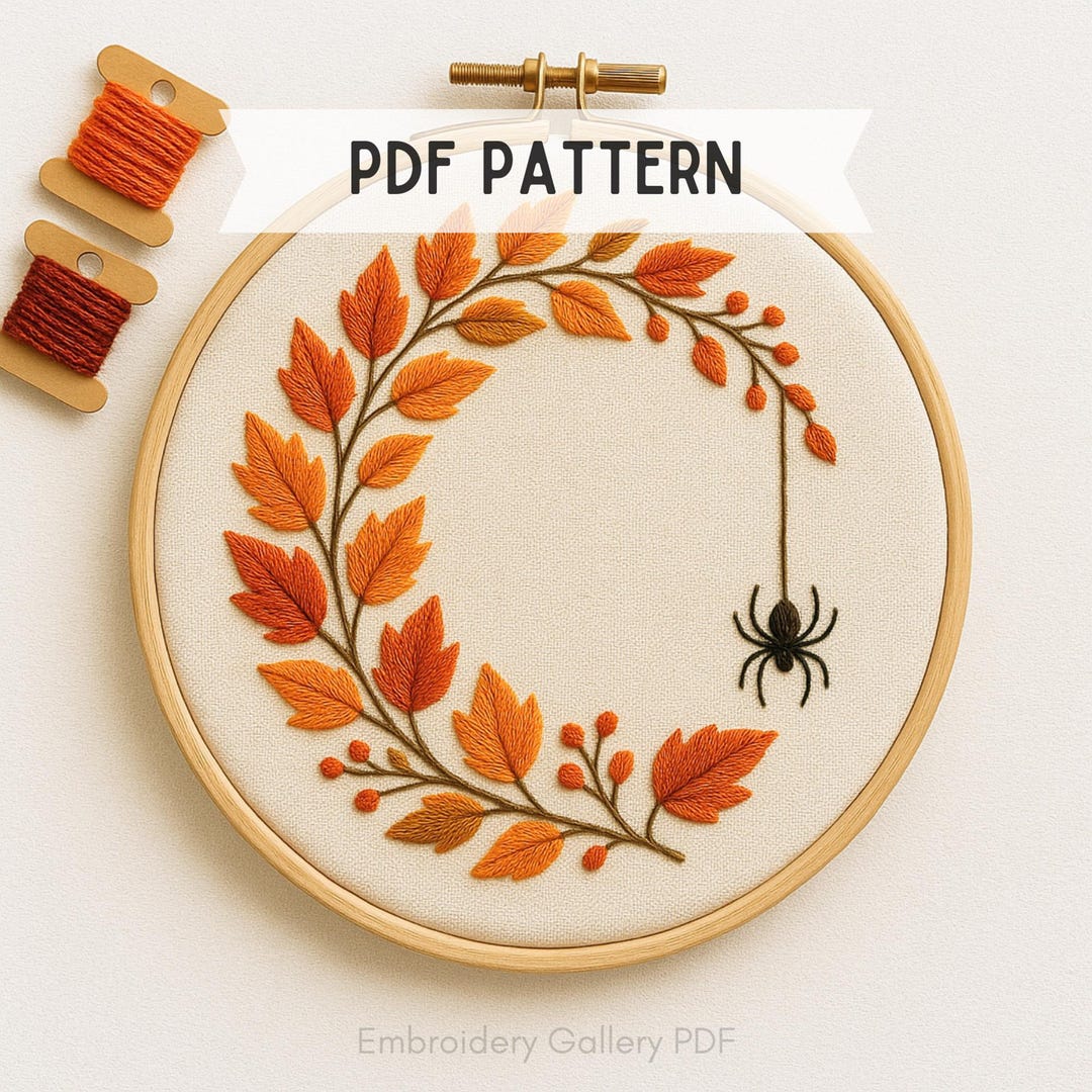 Autumn Wreath Hand Embroidery Pattern: Spider and Leaves, Instant ...