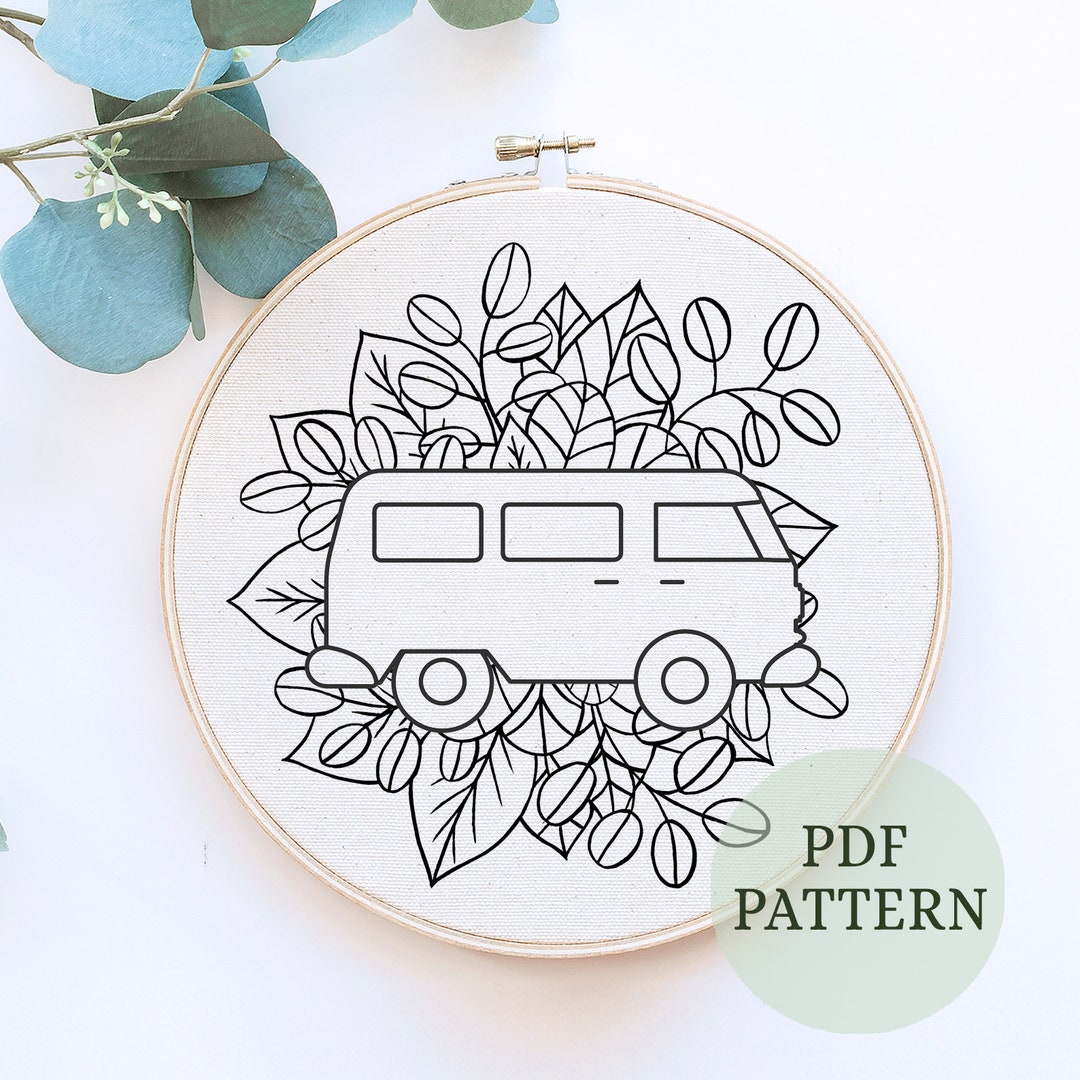 Simple Custom Van Patterns Vintage Van Embroidery Pattern: Floral Camper Template, Printable ...