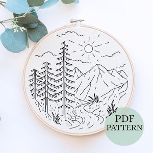 Meadow Scenery Hand Embroidery, DIY Landscape Embroidery for Beginner, Mountain Clouds Embroidery,  Modern Crewel Embroidery, Landscape