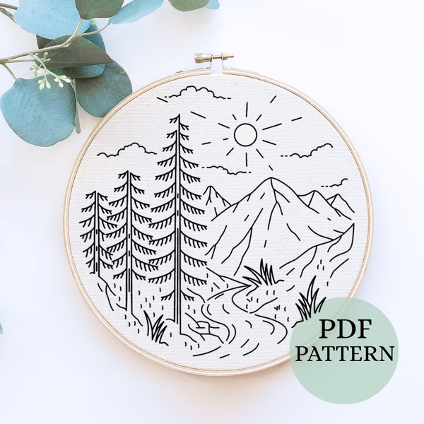 Meadow Scenery Hand Embroidery, DIY Landscape Embroidery for Beginner, Mountain Clouds Embroidery,  Modern Crewel Embroidery, Landscape