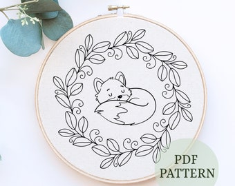 Fox Embroidery Pattern Set: Floral Woodland Design, DIY project (Digital Download)