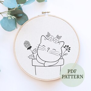 Cat Garden Detailed Embroidery, PDF Pattern Template, Downloadable Embroidery, Cute Cat Embroidery, Floral Cat Embroidery, cat lover gift