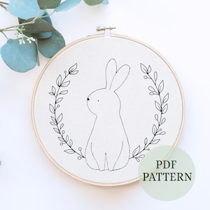 Bunny Embroidery Pattern, Over the Garden Gate, Rabbit Floral hand Embroidery Design PDF DIY Pattern, Easter hand Embroidery, Easter Crafts