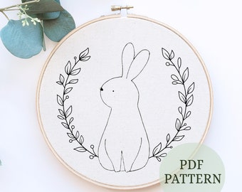 Bunny Embroidery Pattern, Over the Garden Gate, Rabbit Floral hand Embroidery Design PDF DIY Pattern, Easter hand Embroidery, Easter Crafts