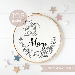 Personalized embroidery pattern pdf, Hot Air Balloon embroidery, name embroidery pattern, baby shower idea gift, Custom Name, Hoop Pattern