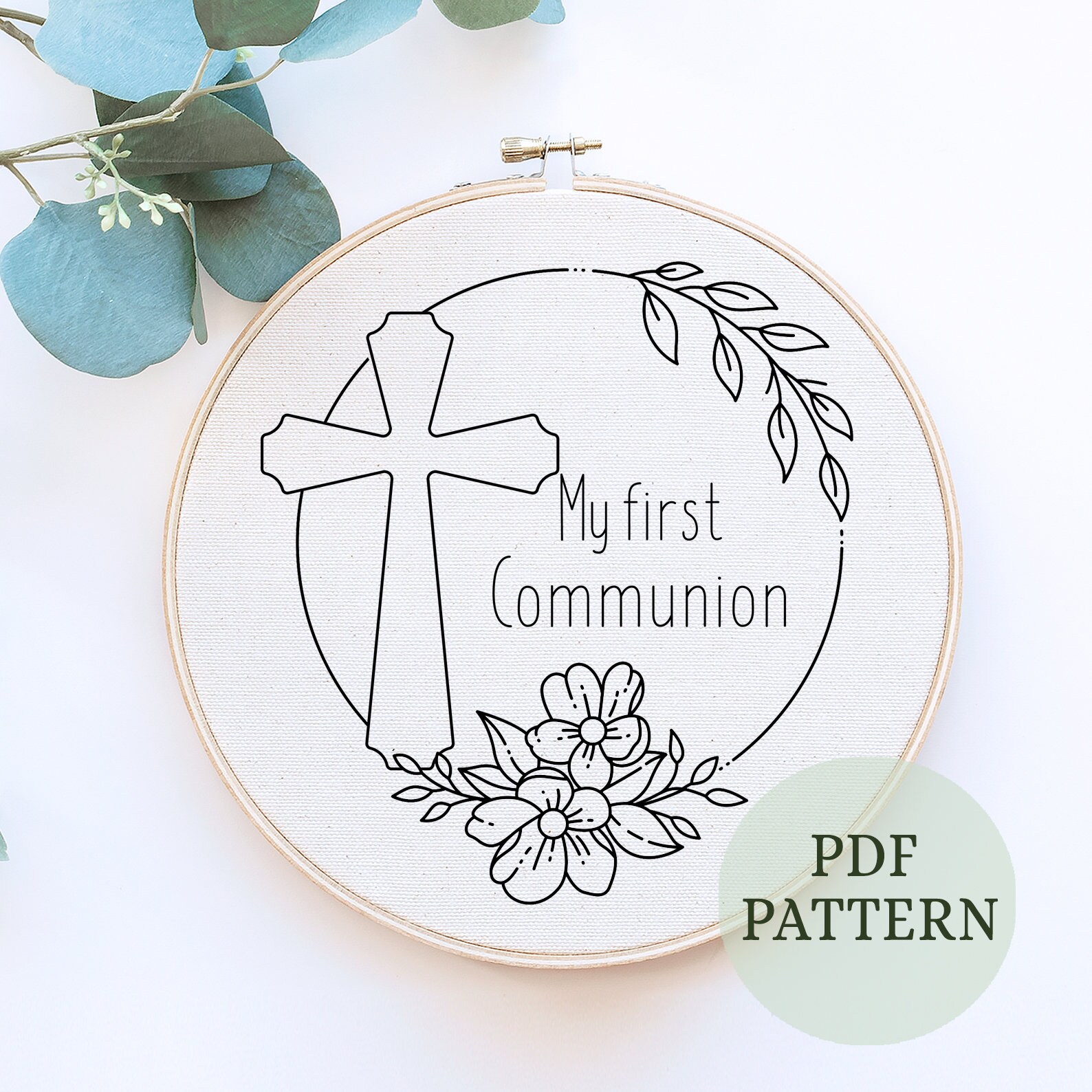 Christian Cross Embroidery Pattern, Floral Cross Hand Embroidery