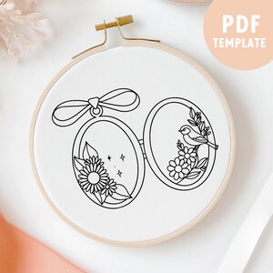 Bird embroidery pattern, floral PDF template, vintage locket style, 6 hoop sizes, spring DIY decor, beginner friendly, instant download