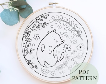 Sleeping cat, Little kitty, Hand Embroidery PDF Pattern, Instant Digital Download, Hand Embroidery Design, Nursery Art, Needlecraft design