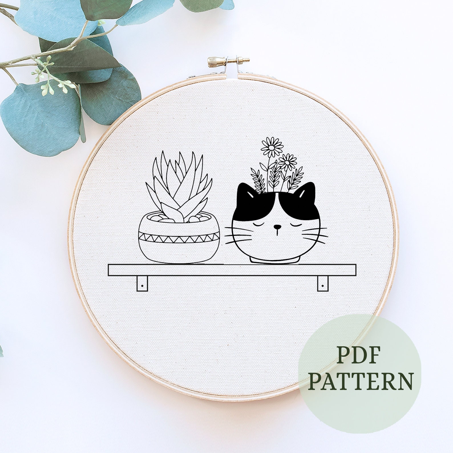 Cat and Plant Embroidery Pattern, Cat Plants Embroidery, Flowerpot