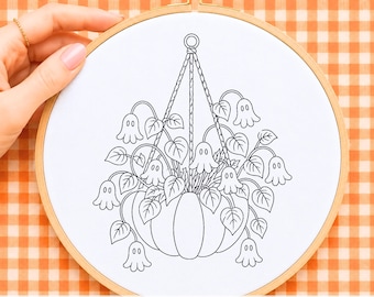 Ghost Flower Pumpkin Planter Embroidery Pattern Halloween Hand Embroidery Design Hanging Plant PDF Printable Template Download