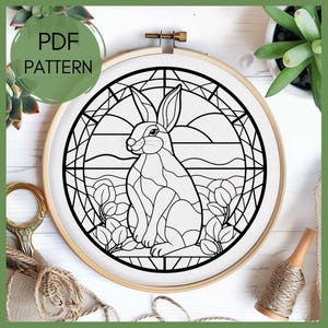 Rabbit Hand Embroidery Pattern, Stained Glass Style, Bunny Design, Animal Embroidery, Instant PDF Download, DIY Craft, Modern Embroidery art