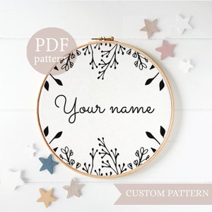 Personalized embroidery pattern pdf, beginner embroidery pdf pattern, hand embroidery, name embroidery pattern, Floral Name Hoop Pattern