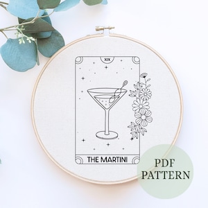 Zomerborduurpatroon, martini-borduurontwerp, DIY-cocktail, citrusborduurwerk, cocktailborduurwerk, beginnersvriendelijk, hoepelkunst