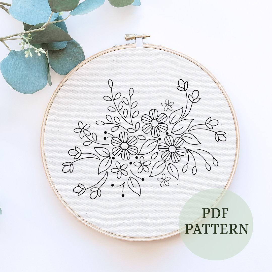 Pretty Flowers Embroidery Pattern, Floral Embroidery Design