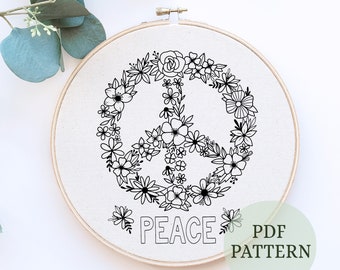 Hand Embroidery Pattern, Preprinted Fabric, thread, hoop, needle Peaceful Whimsy ,Modern Hand Embroidery design, peace sign, floral design