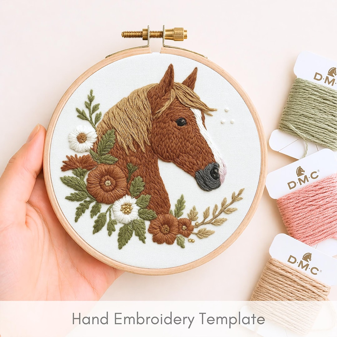 馬の刺繍 馬の刺繍パターン：納屋の動物デザイン（PDFパターン、6サイズ
