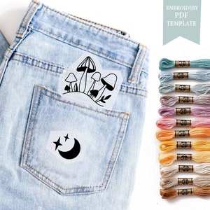 Pocket flower Embroidery Pattern, Mushroom embroidery, Embroidery Pattern - Digital Embroidery pattern on Jeans,Embroidery PDF and Pattern