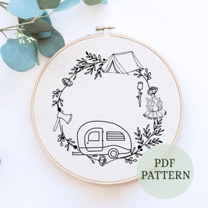 Retro Camper, Hand Embroidery Pattern, PDF Pattern, Summer, Camping, Travel, Road Trip, Embroidery Designs, Vintage Camper, camping design